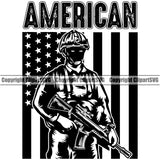 USA Flag Veteran Soldier Uniform Holding Machine Gun Rifle Weapon Rights United States America Army Under USA Flag With American Quote Text Design Element 2nd Amendment American Military Army Art Design Logo Clipart SVG