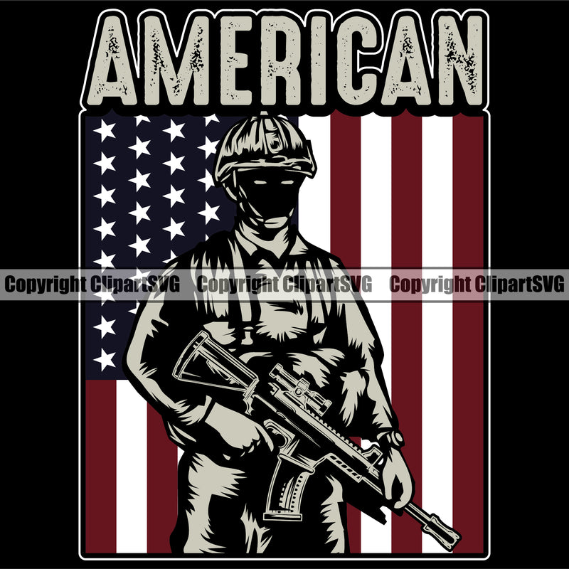 USA Flag Veteran Soldier Uniform Holding Machine Gun Rifle Weapon Rights United States America Army Under USA Flag With American Color Design Element 2nd Amendment American Military Army Art Design Logo Clipart SVG