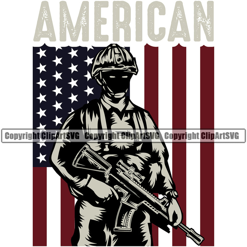 USA Flag Veteran Soldier Uniform Holding Machine Gun Rifle Weapon Rights United States America Army Under USA Flag With American Quote Text Color Design Element 2nd Amendment American Military Army Art Design Logo Clipart SVG