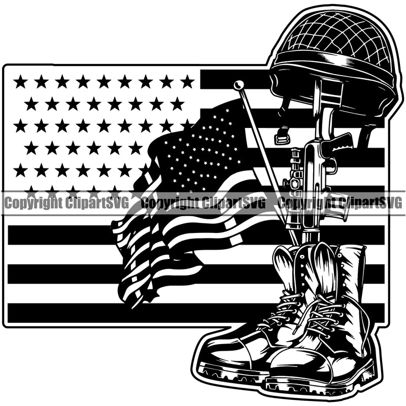 USA Flag Machine Gun Rifle Fallen Soldier Dog Tags Boots Helmet Veteran Weapon Rights United States America 2nd Amendment American Military Army Boot Helmet And Gun Design Element  Art Design Logo Clipart SVG