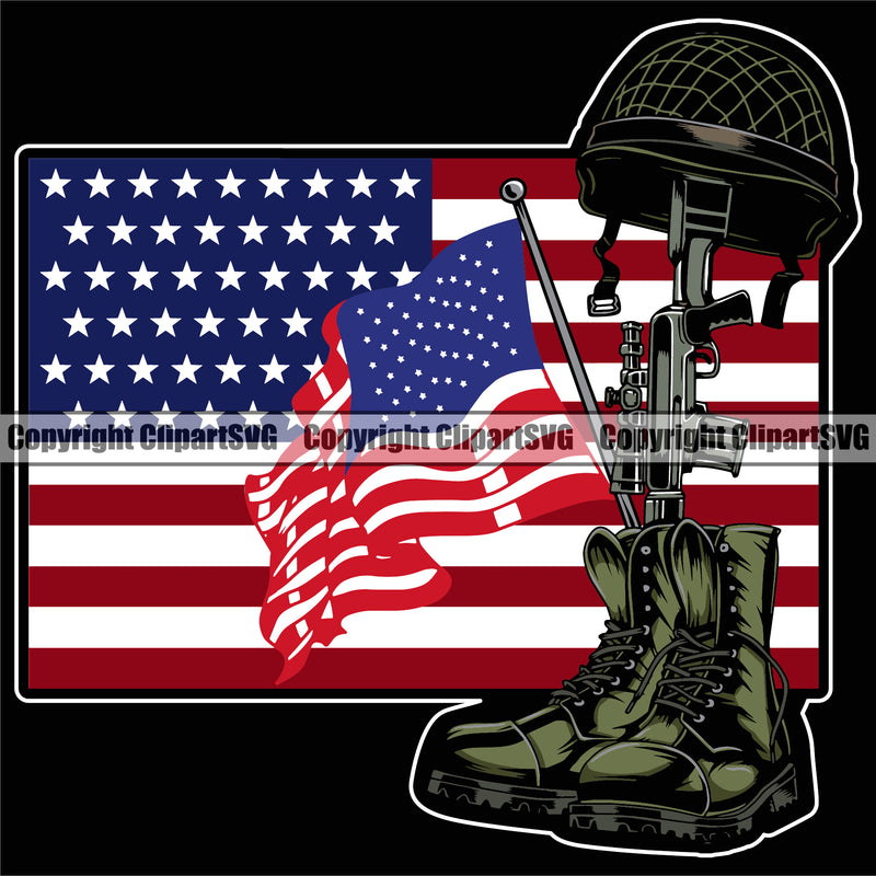 USA Flag Machine Gun Rifle Fallen Soldier Dog Tags Boots Helmet Veteran Weapon Rights United States America Army Boot Helmet Gun Color Design Element 2nd Amendment American Military Army Art Design Logo Clipart SVG