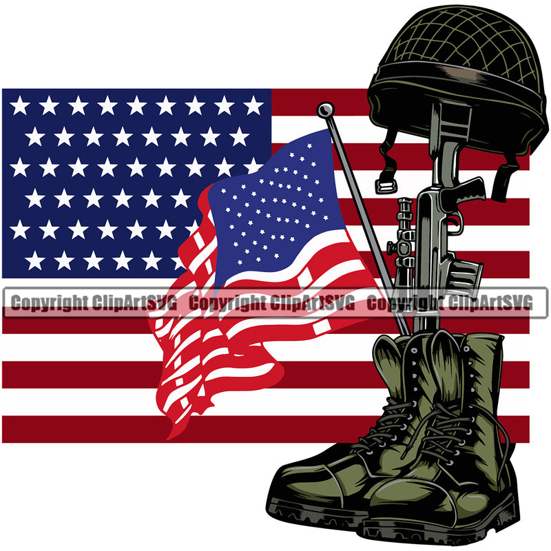 USA Flag Machine Gun Rifle Fallen Soldier Dog Tags Boots Helmet Veteran Weapon Rights United States America Color Flag Boot Helmet And Gun Also Color Design Element 2nd Amendment American Military Army Art Design Logo Clipart SVG