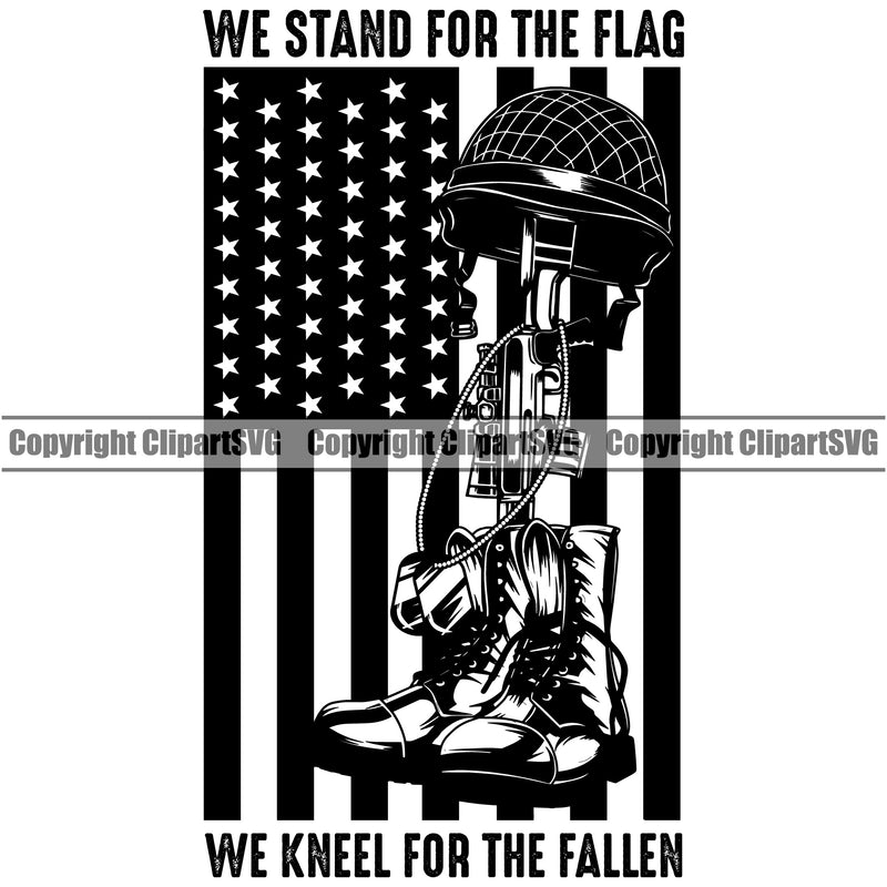 USA Flag Machine Gun Rifle Fallen Soldier Dog Tags Boots Helmet Veteran Weapon Rights United States We Stand For The Flag We Kneel For The Fallen Quote Text Design Element America 2nd Amendment American Military Army Art Design Logo Clipart SVG