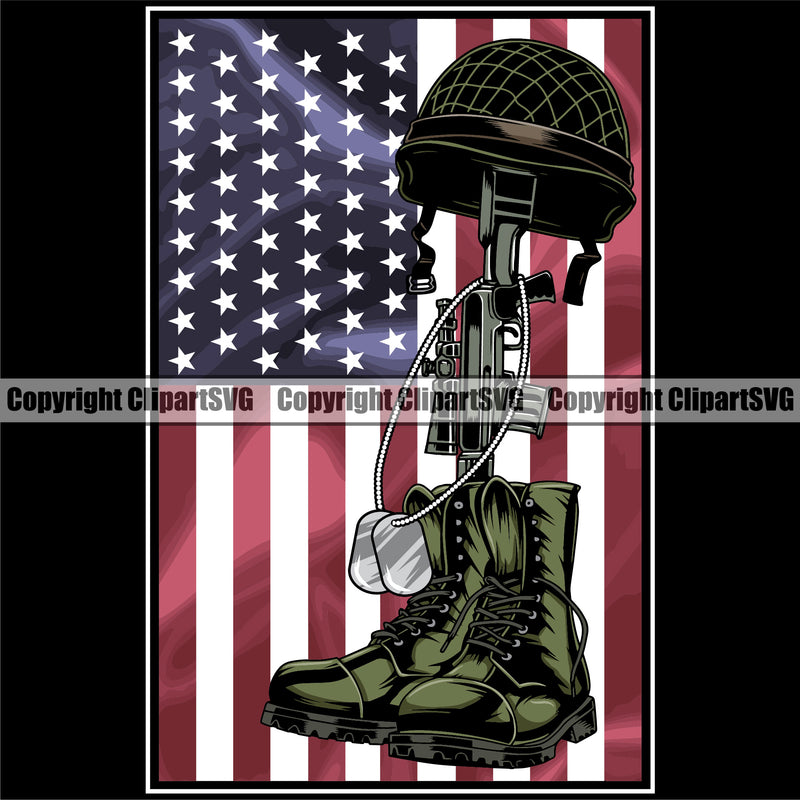 USA Flag Machine Gun Rifle Fallen Soldier Dog Tags Boots Weapon Rights United States Black Background Design Element Color America Flag 2nd Amendment American Military Army Art Design Logo Clipart SVG