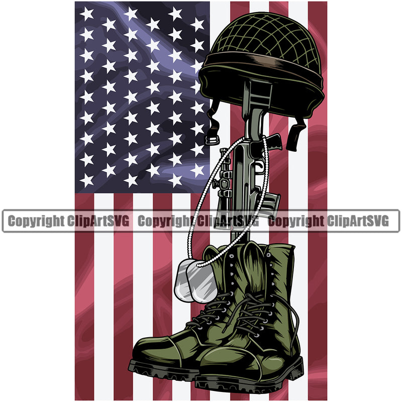 USA Flag Machine Gun Rifle Fallen Soldier Dog Tags Weapon Rights United States America 2nd Amendment Boot Helmet And Gun Color American Flag Design Element Military Army Art Design Logo Clipart SVG