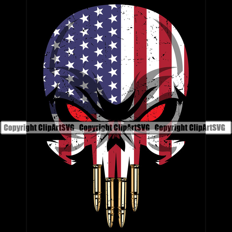 USA Flag Gun Weapon Rights United States America 2nd Amendment Skull Skeleton Bullet Teeth Color Head Black Background Design Element American Military Army Art Design Logo Clipart SVG