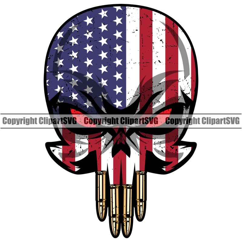 USA Flag Gun Weapon Rights United States America Skull Skeleton Color Head With Bullet Teeth Design Element 2nd Amendment American Military Army Art Design Logo Clipart SVG