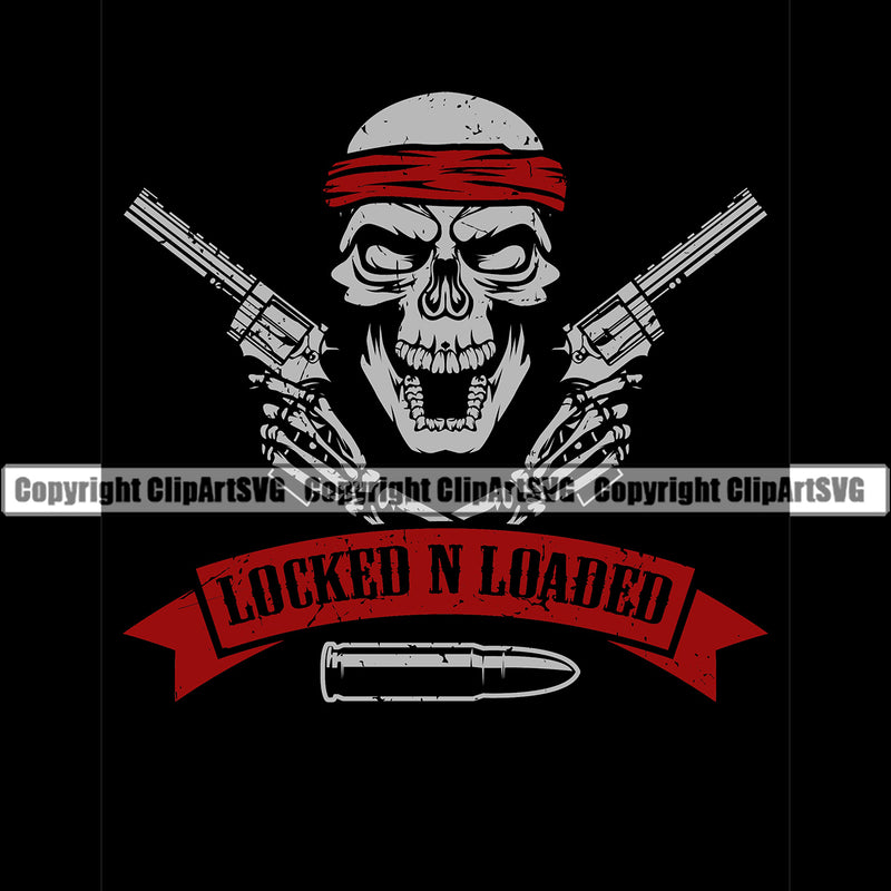 USA Flag Skull Skeleton Gun Weapon Rights United States America Locked N Loaded Red Color Quote Text Black Background Design Element 2nd Amendment American Military Army Art Design Logo Clipart SVG