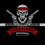 USA Flag Skull Skeleton Gun Weapon Rights United States America Locked N Loaded Red Color Quote Text Black Background Design Element 2nd Amendment American Military Army Art Design Logo Clipart SVG