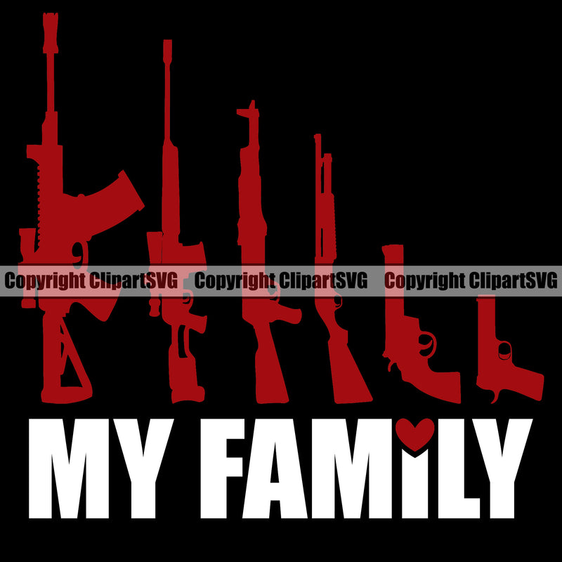 USA Flag Gun Weapon Rights United States America 2nd Amendment American My Family Machine Gun Pistol Quote Text Design Element Red Color Gun Black Background Military Army Art Design Logo Clipart SVG