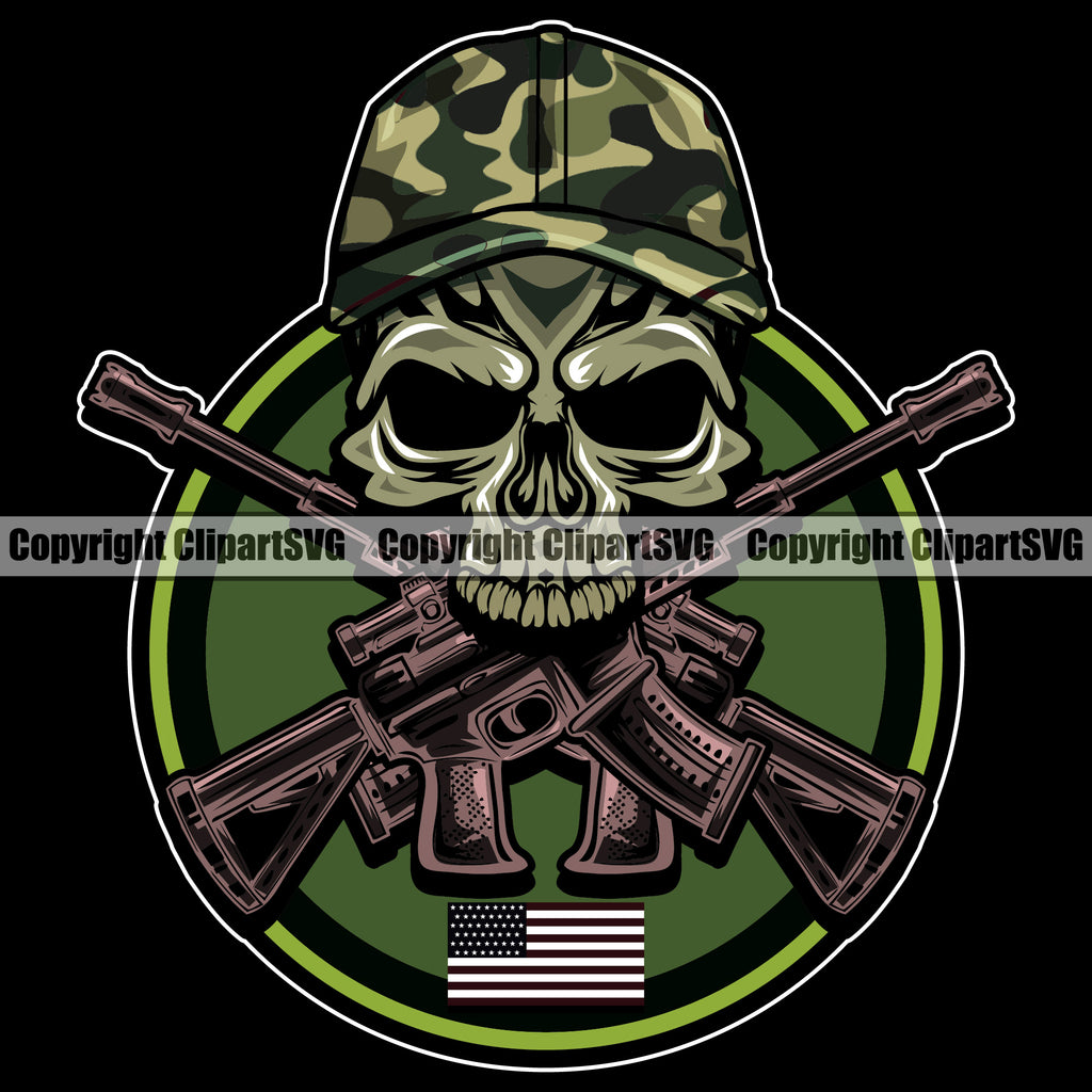 USA Flag Gun Weapon Rights United States America 2nd Amendment American Skull Skeleton Camo Camouflage Helmet Under Mouth Gun Color Design Element Military Army Art Design Logo Clipart SVG