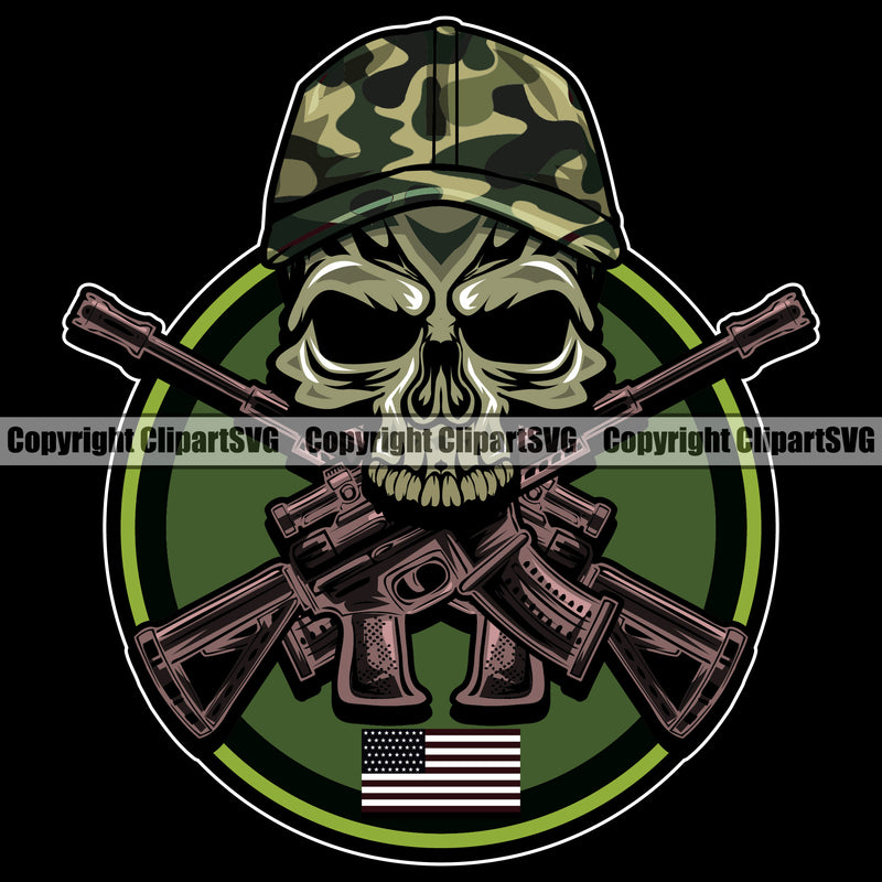 USA Flag Gun Weapon Rights United States America 2nd Amendment American Skull Skeleton Camo Camouflage Helmet Under Mouth Gun Color Design Element Military Army Art Design Logo Clipart SVG