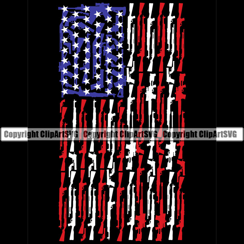 USA Flag Machine Gun Sniper Rifle Pistol Stars And Stripes Weapon Rights United States America Flag Design By Gun Black Background Design Element 2nd Amendment American Military Army Art Design Logo Clipart SVG