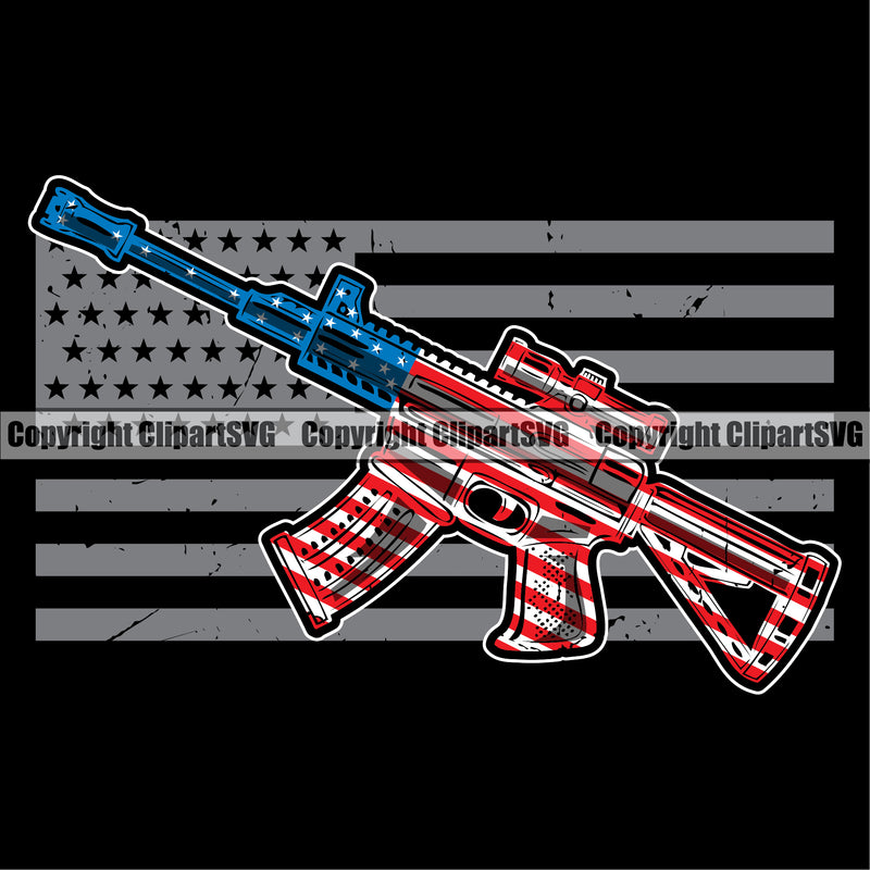 USA Flag Gun Weapon Under Flag Black Background Design Element Rights United States America 2nd Amendment American Military Army Art Design Logo Clipart SVG