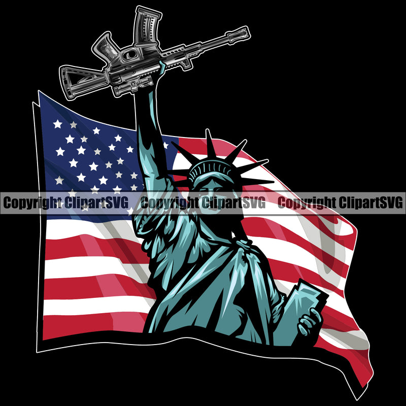 USA Flag Gun Weapon Rights United States America 2nd Amendment American Statue Of Liberty Hand Up Color Design Element Black Background Military Army Art Design Logo Clipart SVG