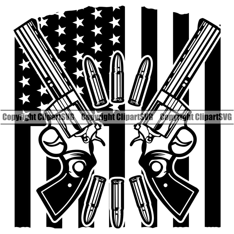 USA Flag Gun Weapon Rights United States America 2nd Amendment Double Pistol With Bullet Under Flag Design Element American Military Army Art Design Logo Clipart SVG