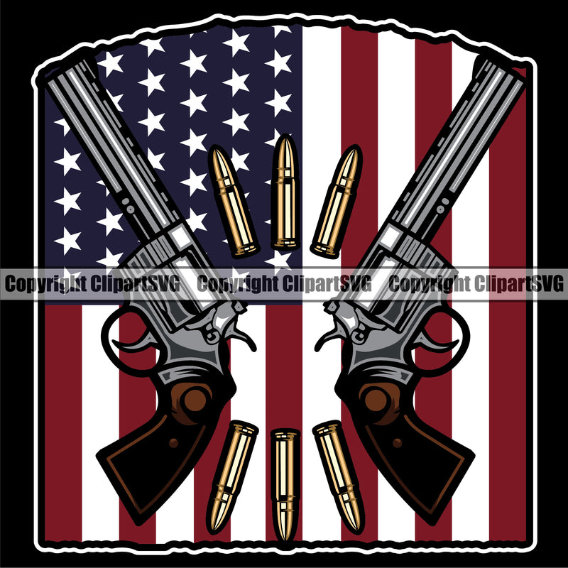 USA Flag Gun Weapon Rights United States America 2nd Amendment Double Pistol With Bullet Color Design Element American Military Army Art Design Logo Clipart SVG