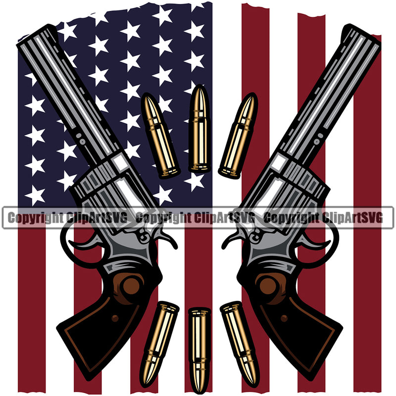USA Flag Gun Weapon Rights United States America 2nd Amendment Double Pistol With Bullet Color Design Element USA Flag American Military Army Art Design Logo Clipart SVG