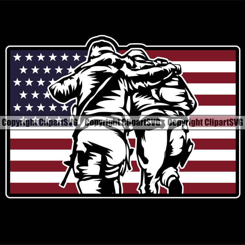 USA Flag Soldier Carrying Another Soldier Gun Weapon Rights United States America 2nd Amendment American Military Army Help Under Flag Color Design Element Art Design Logo Clipart SVG