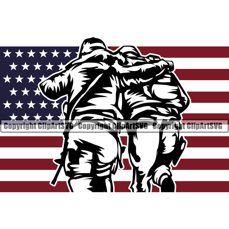 USA Flag Soldier Carrying Another Soldier Gun Weapon Rights United States America 2nd Amendment American Military Army Help Under Color Flag White Background Design Element Art Design Logo Clipart SVG