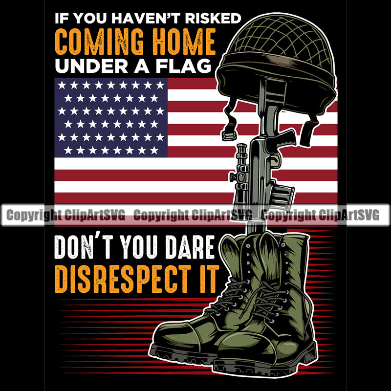 Distressed USA Flag Fallen Soldier Machine Gun Rifle Boots Helmet Weapon Rights United States America 2nd Amendment American Coming Home Under Flag Color Quote Text Design Element Black Background Military Army Art Design Logo Clipart SVG