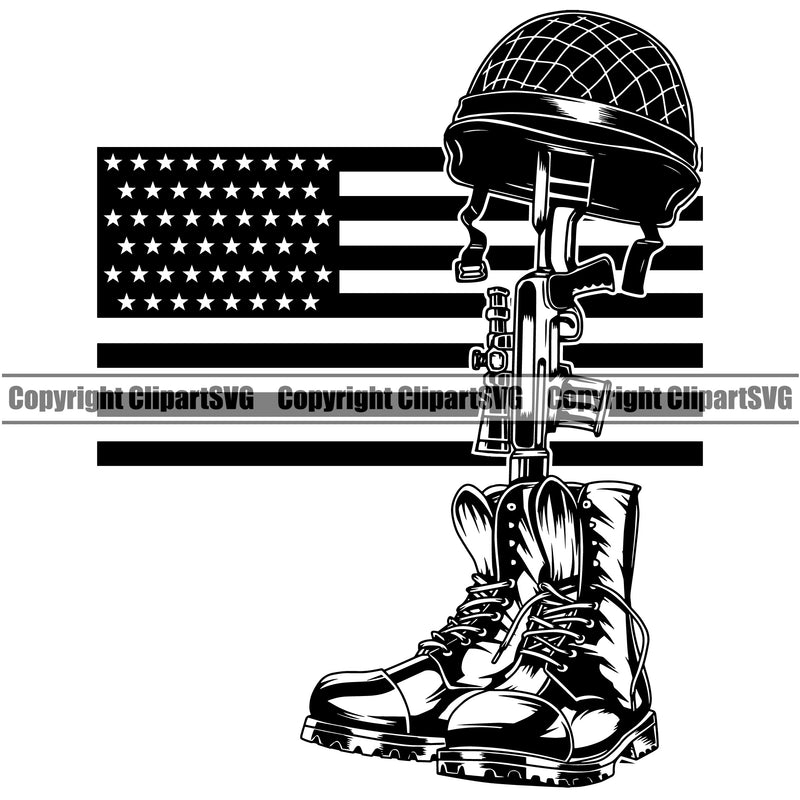 Distressed USA Flag Fallen Soldier Machine Gun Rifle Boots Helmet Weapon Rights United States America 2nd Amendment American Military Boot Helmet And Gun Flag Design Element Background Army Art Design Logo Clipart SVG