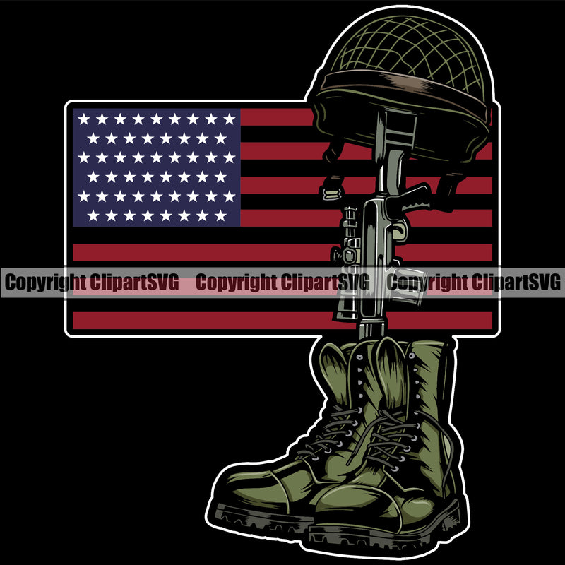 Distressed USA Flag Fallen Soldier Machine Gun Rifle Boots Helmet Weapon Rights United States America 2nd Amendment American Coming Home Under Flag Color Quote Design Element Black Background Military Army Art Design Logo Clipart SVG