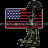 Distressed USA Flag Fallen Soldier Machine Gun Rifle Boots Helmet Weapon Rights United States America 2nd Amendment American Coming Home Under Flag Color Quote Design Element Black Background Military Army Art Design Logo Clipart SVG