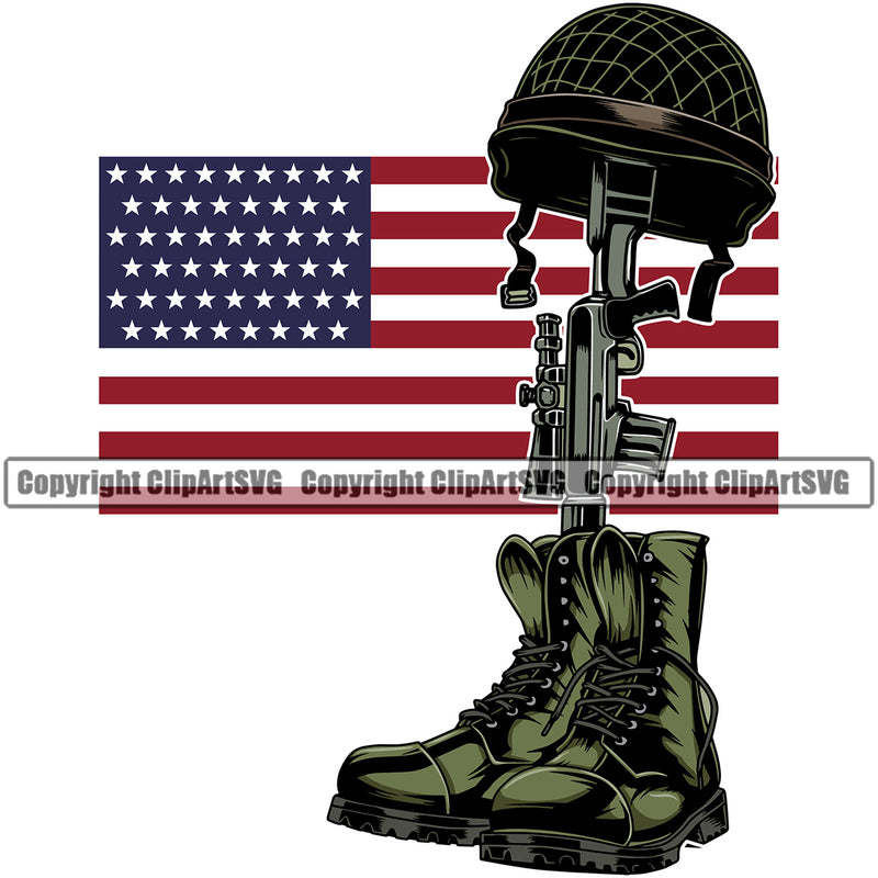 Distressed USA Flag Fallen Soldier Machine Gun Rifle Boots Helmet Weapon Rights United States Color Flag Boots Helmet Gun Color Design Element America 2nd Amendment American Military Army Art Design Logo Clipart SVG