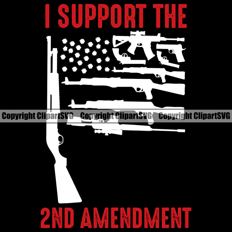 USA Flag Machine Gun Rifle Weapon Rights United States America I Support The 2nd Amendment Red Color Quote Text Black Background Design Element American Military Army Art Design Logo Clipart SVG