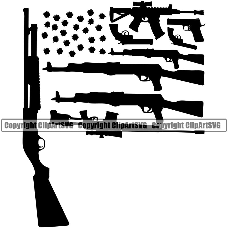 USA Flag Machine Gun Rifle Weapon Rights United States America 2nd Amendment Black Gun Collection Design Element  American Military Army Art Design Logo Clipart SVG