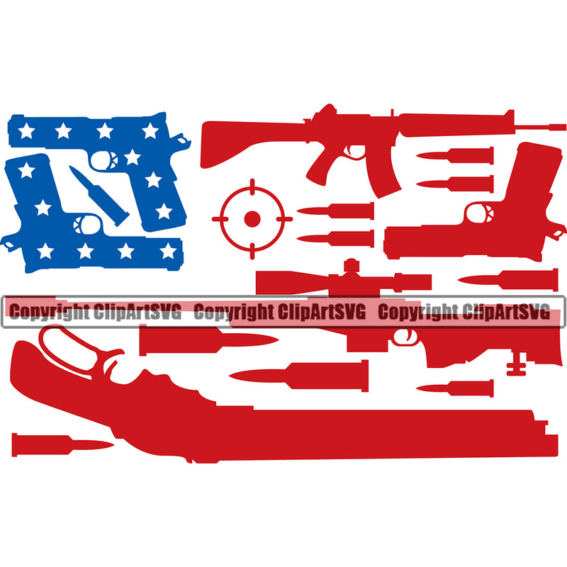 USA Flag Machine Gun Rifle Bullet Stripes Pistol Stars Weapon Rights United States America Flag Color Design Element Gun Flag 2nd Amendment American Military Army Art Design Logo Clipart SVG