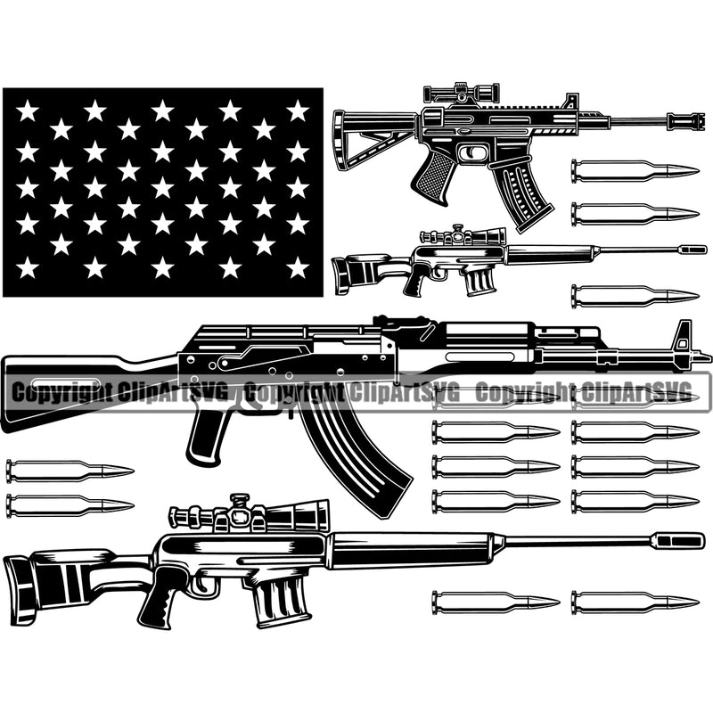 USA Flag Machine Gun Rifle Bullet Stripes Weapon Rights United States America 2nd Amendment American Many Sniper Gan Design Element Military Army Art Design Logo Clipart SVG
