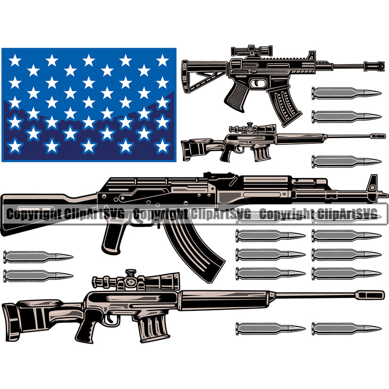 USA Flag Machine Gun Rifle Bullet Stripes Weapon Rights United States Sniper Gun Color Star Design Element America 2nd Amendment American Military Army Art Design Logo Clipart SVG