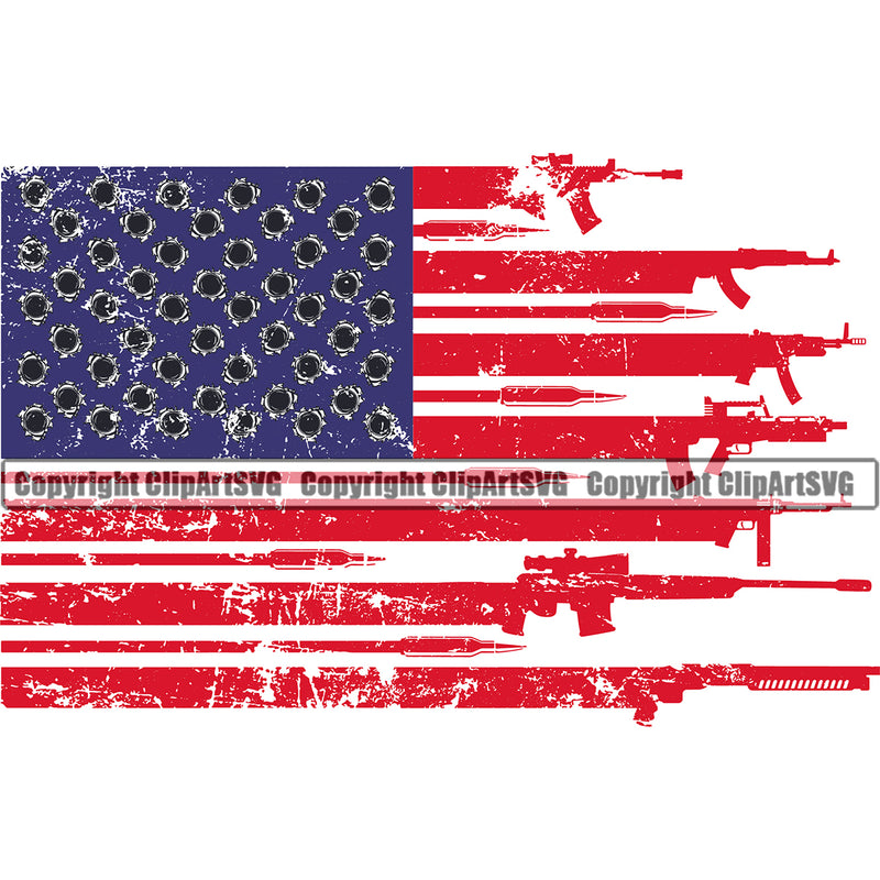 Distressed USA Flag Machine Gun Rifle Stripes Bullet Hole Stars Weapon Rights United States America 2nd Amendment American Color Flag Bullet Hole Design Element Red Blue Color Military Army Art Design Logo Clipart SVG
