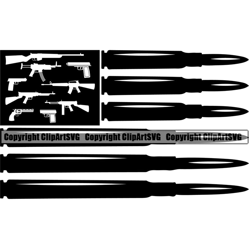 Distressed USA Flag Machine Gun Rifle Bullet Stripes Pistol Stars Weapon Rights United States America 2nd Amendment Black Color Bullet Flag Design Element American Military Army Art Design Logo Clipart SVG