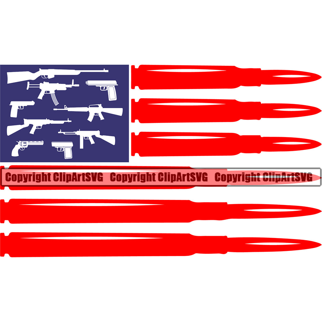 Distressed USA Flag Machine Gun Stars Rifle Bullet Ammo Ammunition Stripes Weapon Rights United States America 2nd Amendment Blue Red Color Flag Design Element American Military Army Art Design Logo Clipart SVG