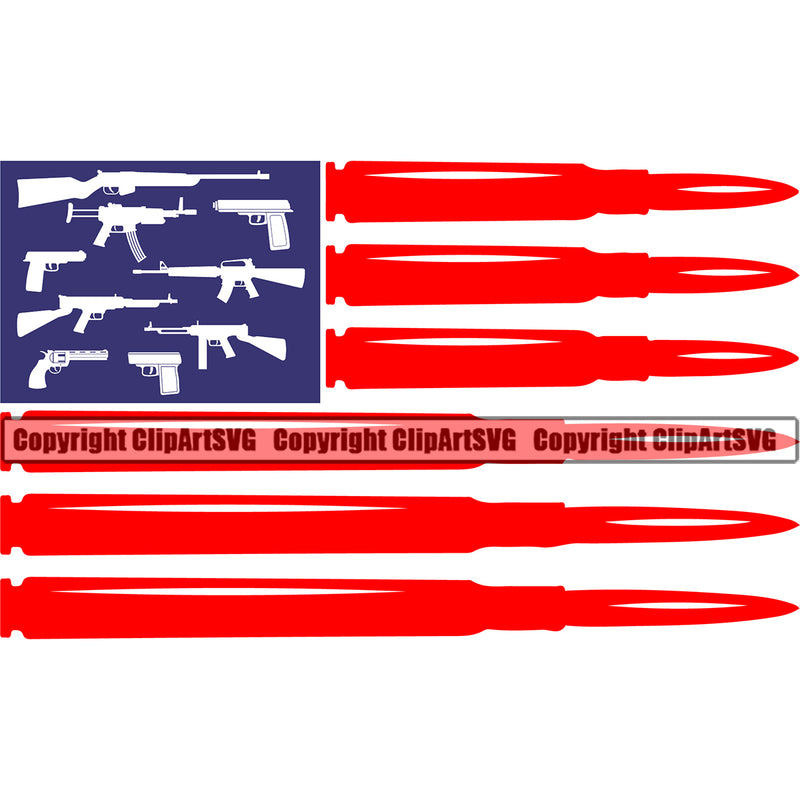 Distressed USA Flag Machine Gun Stars Rifle Bullet Ammo Ammunition Stripes Weapon Rights United States America 2nd Amendment Blue Red Color Flag Design Element American Military Army Art Design Logo Clipart SVG