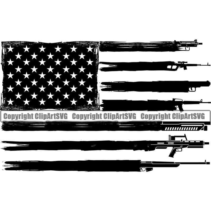 Distressed USA Flag Machine Gun Rifle Stripes Weapon Rights Black Color Flag Star Design Element United States America 2nd Amendment American Military Army Art Design Logo Clipart SVG
