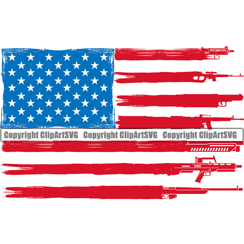 Distressed USA Flag Machine Gun Rifle Stripes Weapon Rights United States America 2nd Amendment American Red And Blue Color Design Element Military Army Art Design Logo Clipart SVG