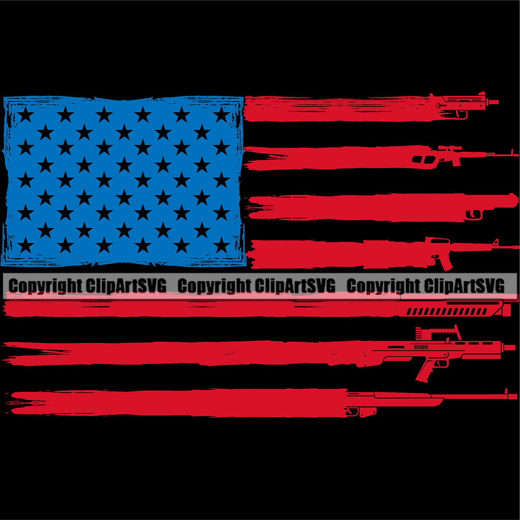 Distressed USA Flag Machine Gun Rifle Stripes Weapon Rights United Gun Flag Design Red And Blue Color Black Background Design Element States America 2nd Amendment American Military Army Art Design Logo Clipart SVG