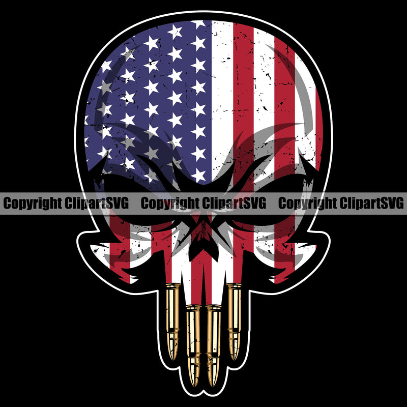 USA Flag Gun Weapon Rights United States America 2nd Amendment American Skull Skeleton Color Head Bullet Teeth Black Background Design Element Military Army Art Design Logo Clipart SVG