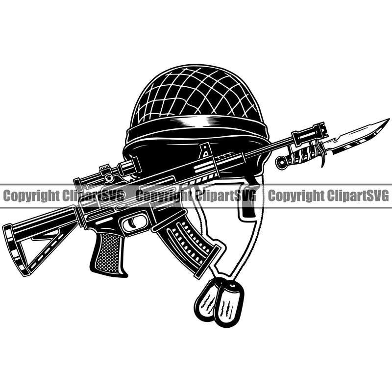 USA Flag Soldier Machine Gun Rifle Knife Bayonet Helmet Dog Tags Weapon Rights United States America 2nd Amendment American Soldier Fallen Helmet Gun Locket Equipment Design Element Military Army Art Design Logo Clipart SVG