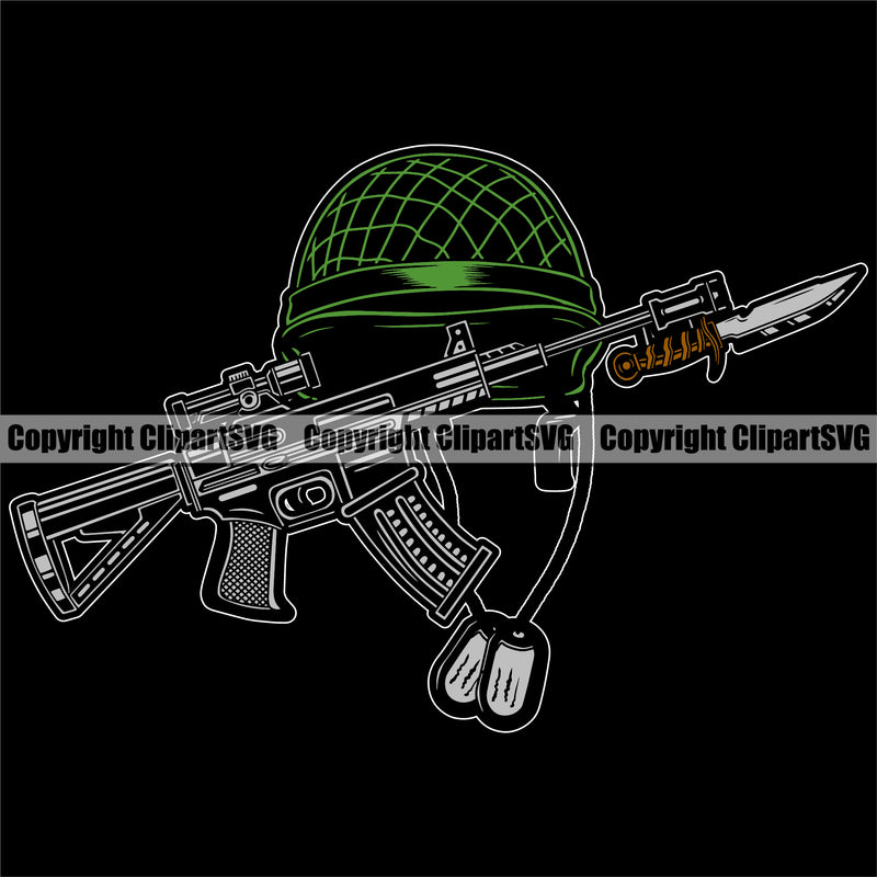 USA Flag Soldier Machine Gun Rifle Knife Bayonet Helmet Dog Tags Weapon Rights United States America 2nd Amendment American Soldier Fallen Color Design Element Military Army Art Design Logo Clipart SVG