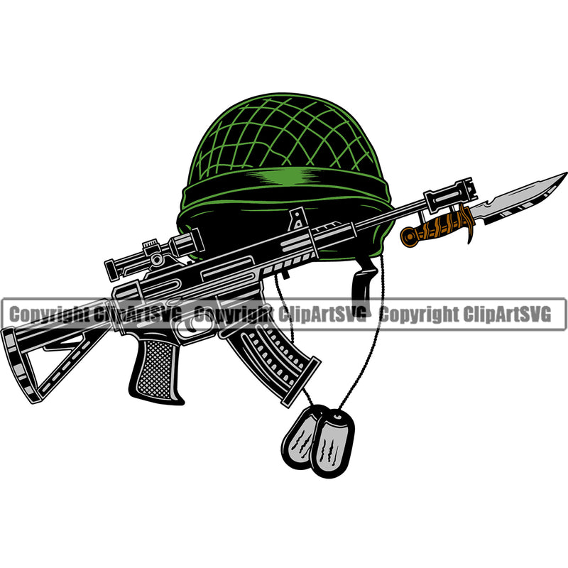 USA Flag Soldier Machine Gun Rifle Knife Bayonet Helmet Dog Tags Weapon Rights United States America 2nd Amendment Soldier Fallen White Background Design Element American Military Army Art Design Logo Clipart SVG