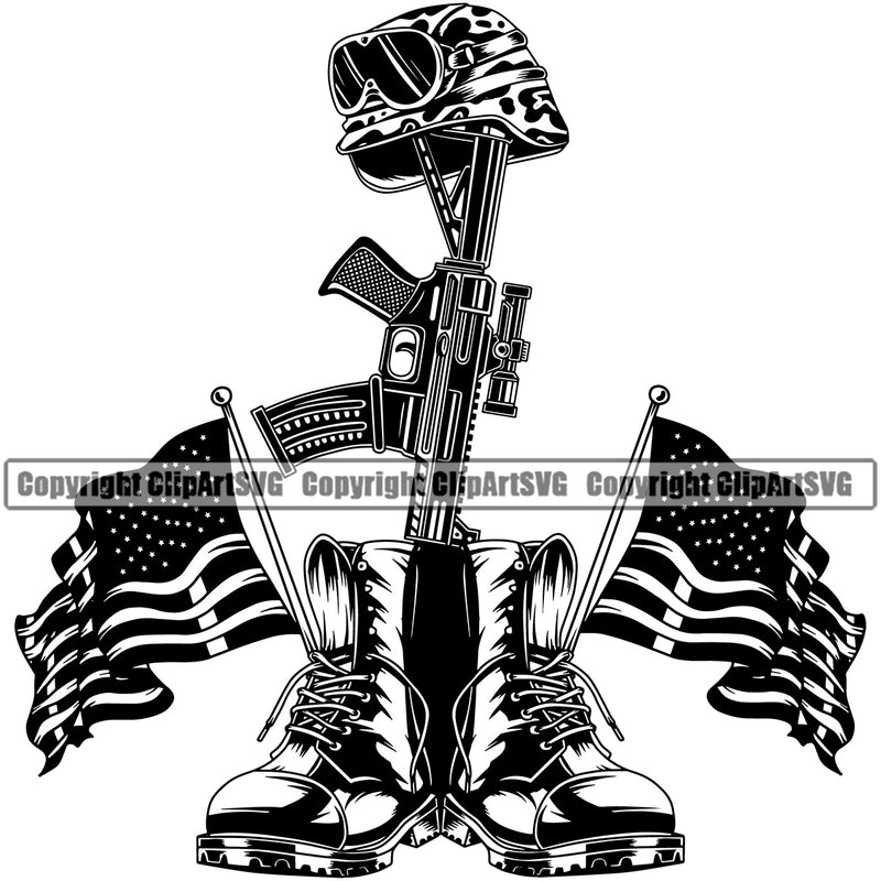 USA Flag Gun Weapon Rights United States America 2nd Amendment Weapon Soldier Fallen Boots Helmet Flag Vector Design Element American Military Army Art Design Logo Clipart SVG
