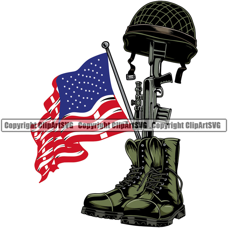 USA Flag Gun Weapon United States America 2nd Amendment Weapon Soldier Fallen Boots Helmet Flag Design Element American Military Army Art Logo Clipart SVG