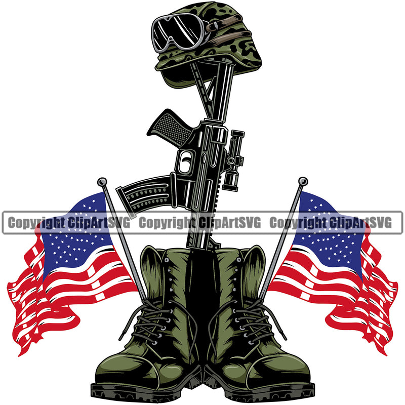 USA Flag Gun Weapon Rights United States America 2nd Amendment Weapon Soldier Fallen Boots Helmet Flag Color Design Element Helmet Gun American Military Army Art Design Logo Clipart SVG