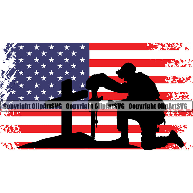 USA Flag USA Flag Fallen Soldier Kneel Kneeling Down Grave Graveyard Gun Weapon Rights United States America 2nd Amendment American Soldier Fallen Flag Silhouette Under Flag Design Element Military Army Art Design Logo Clipart SVG