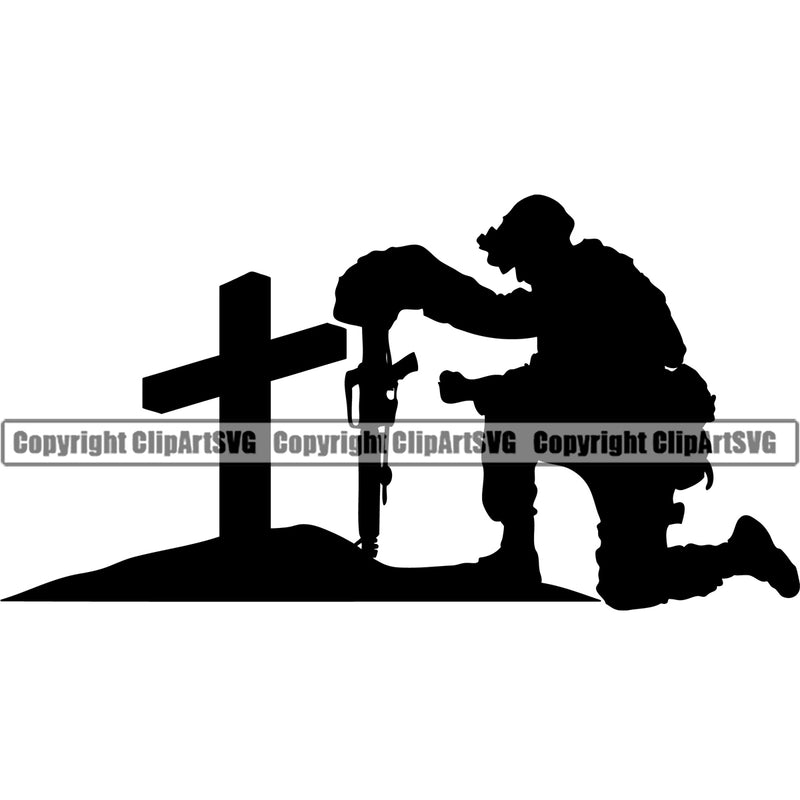 USA Flag Fallen Soldier Kneel Kneeling Down Grave Graveyard Gun Weapon Rights United States America 2nd Amendment Silhouette Cross Black Vector Design Element American Military Army Art Design Logo Clipart SVG